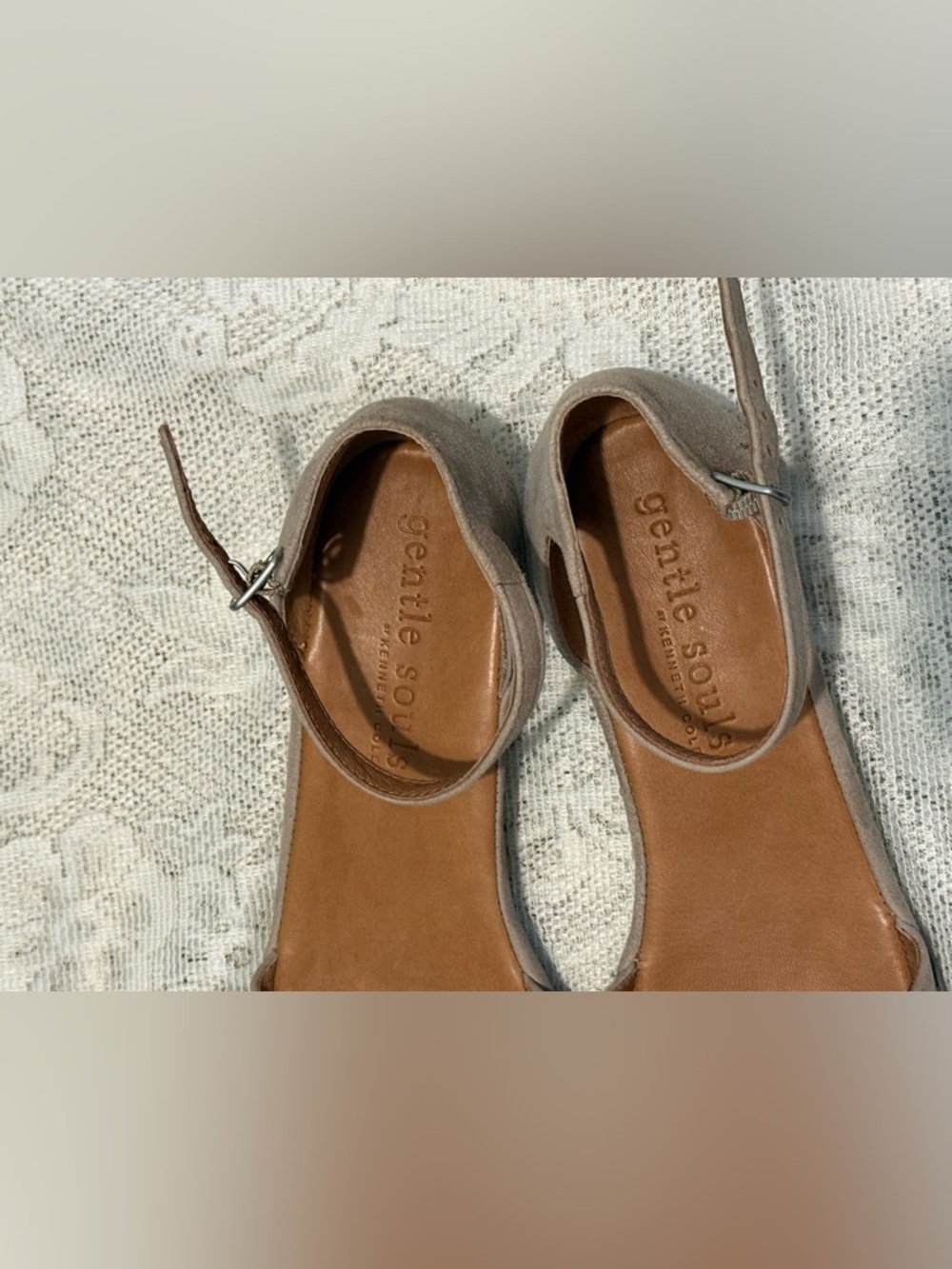 gentle souls by Kenneth Cole Taupe Suede Perforated Ankle-Strap Wedges - Picture 7 of 9